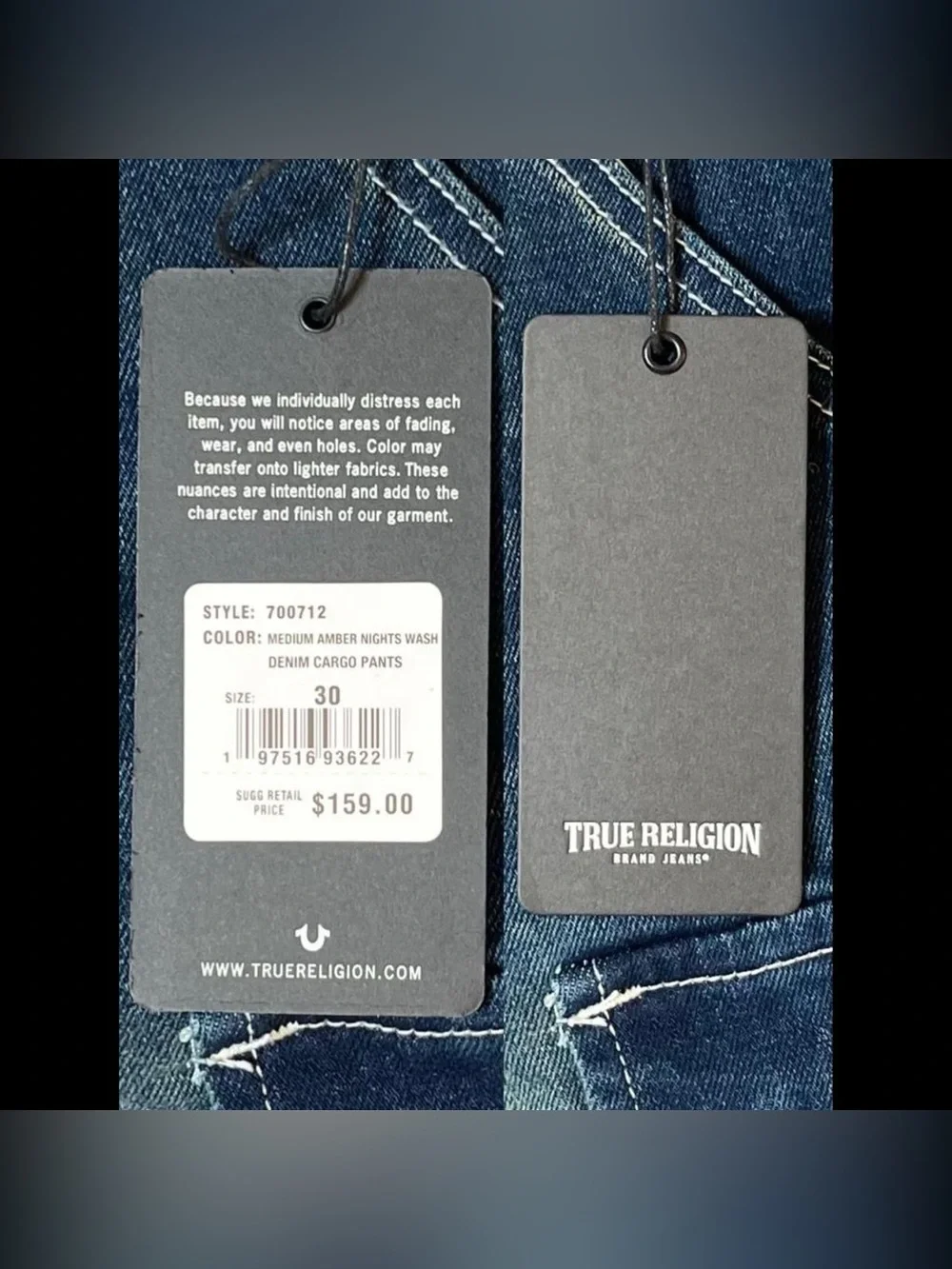 True Religion Denim Cargo Pants Men’s Size 30 Medium Amber Nights Wash NWT